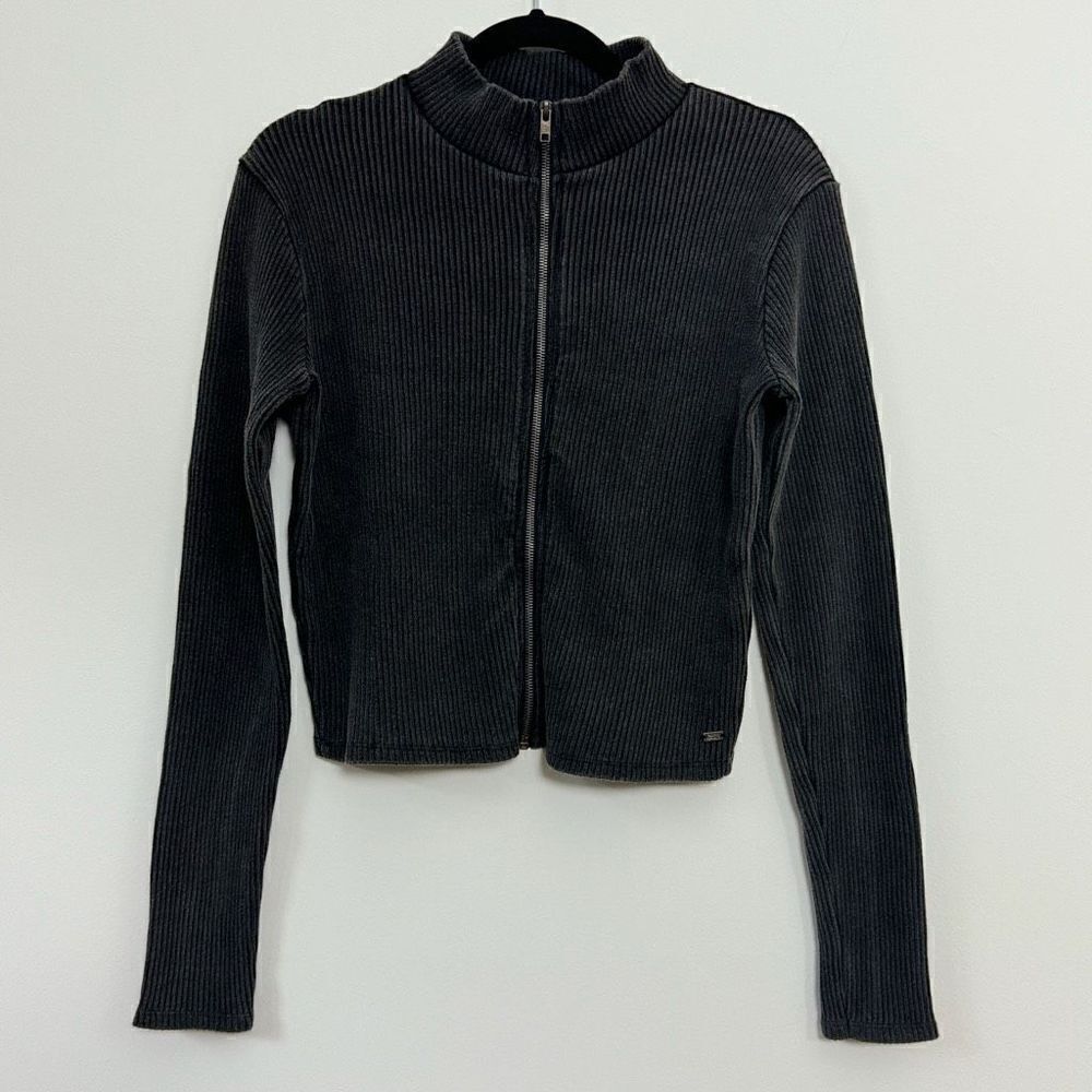 Pacific Republic Teen Girl's Full Zip Long Sleeve Ribbed Black Sweater Size XL
